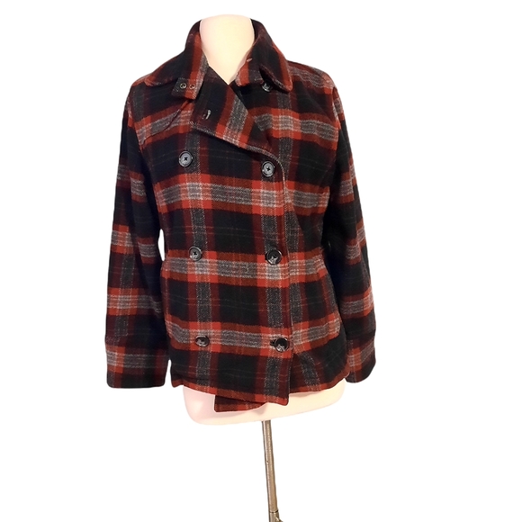 Woolrich M Womens Plaid Peacoat Red Gray Black. Di - Picture 1 of 6